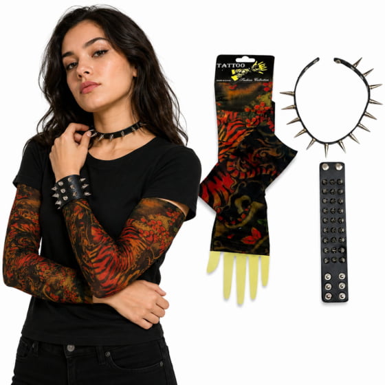 Kit Punk Rock (Bracelete + Gargantilha + Luva Tatuagem)
