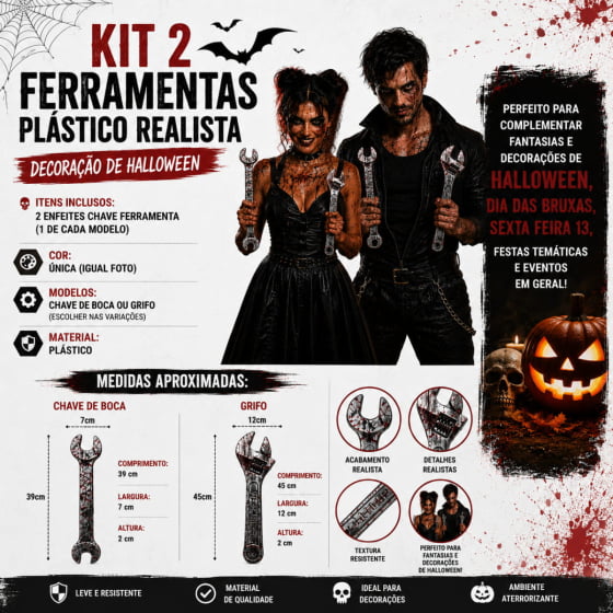 Kit 2 Ferramentas Plástico Realista Decoração de Halloween