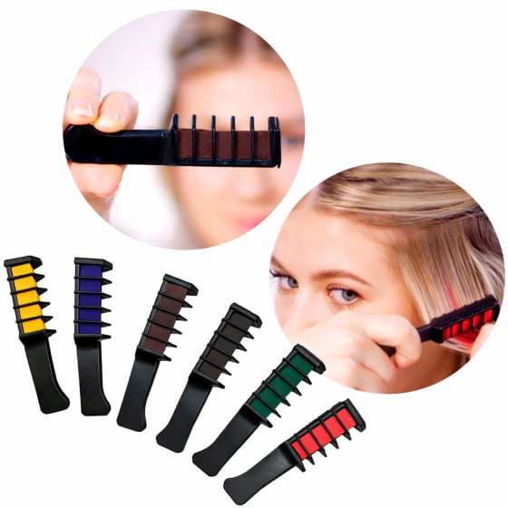 Kit 6 Cores Pente Giz para Cabelo Colorido Hair Chalk Kit 6 Cores Pente Giz para Cabelo Colorido Hair Chalk