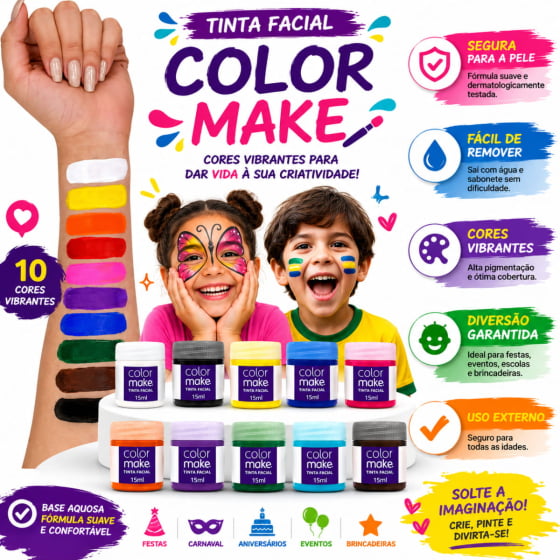 Tinta Líquida 15 ml para Pintura Facial Color Make Escolha a Cor