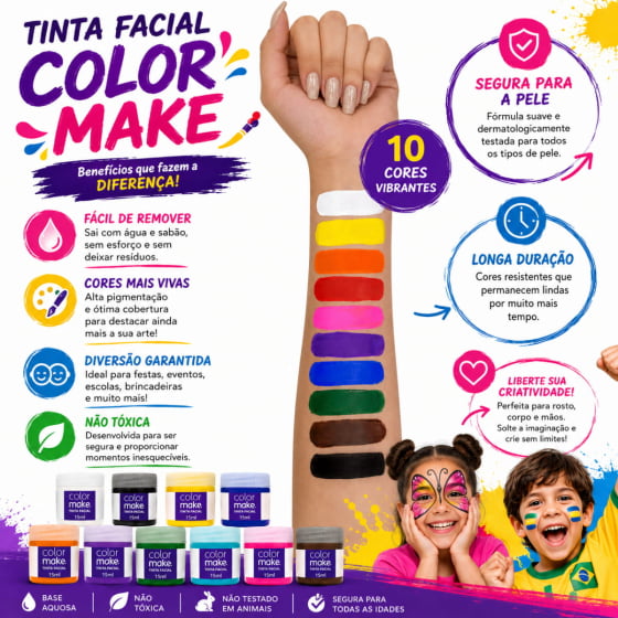 Tinta Líquida 15 ml para Pintura Facial Color Make Escolha a Cor