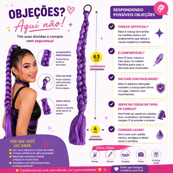 Trança Fake Guerreira Roxa Cosplay para Penteados