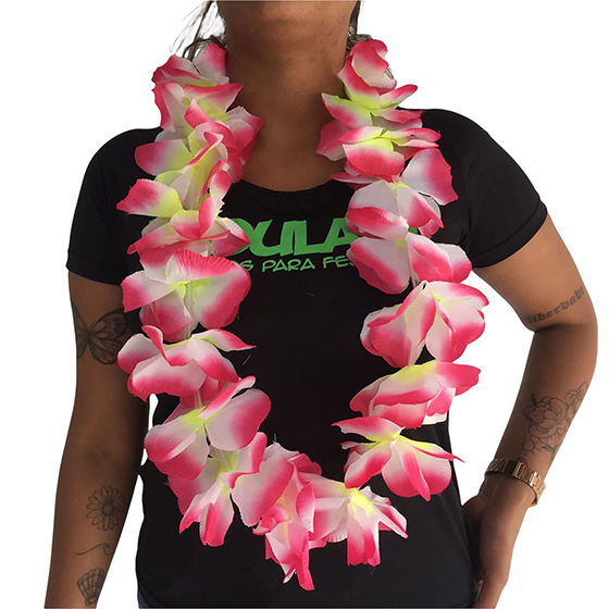 Colar Havaiano com Flores Bicolor Branco com Pink
