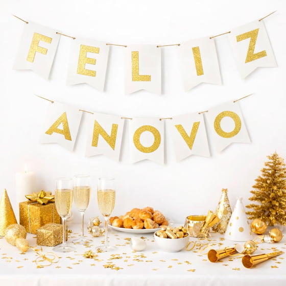 Enfeite Bandeirinha Frase Feliz Ano Novo Dourado