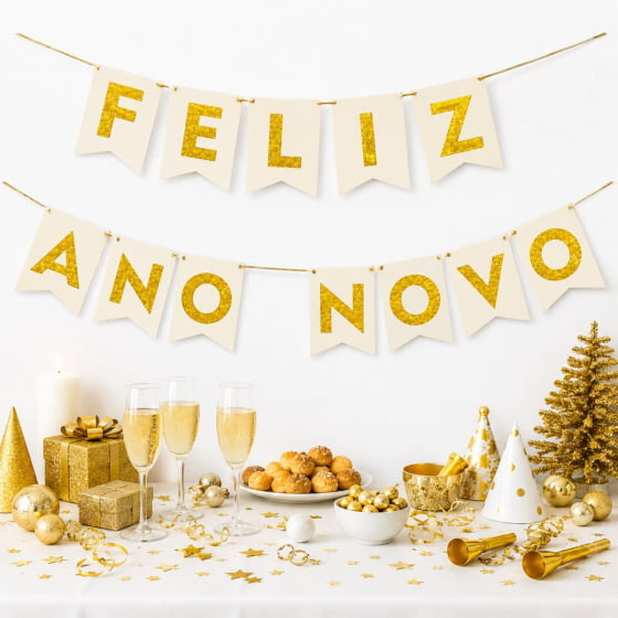 Enfeite Bandeirinha Frase Feliz Ano Novo Dourado