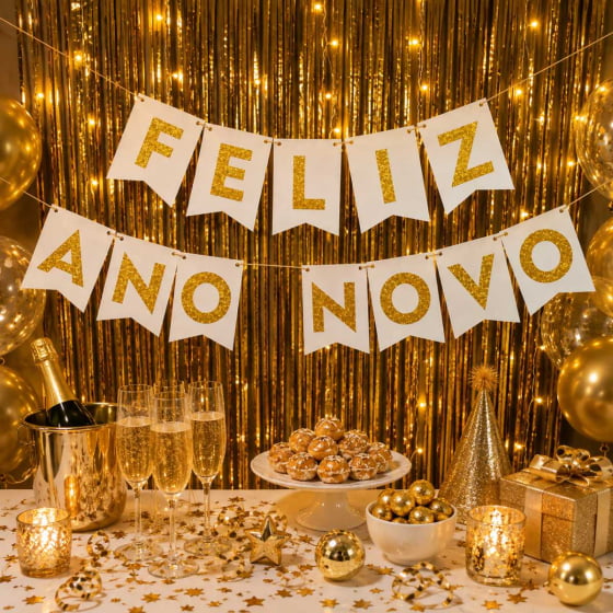 Enfeite Bandeirinha Frase Feliz Ano Novo Dourado