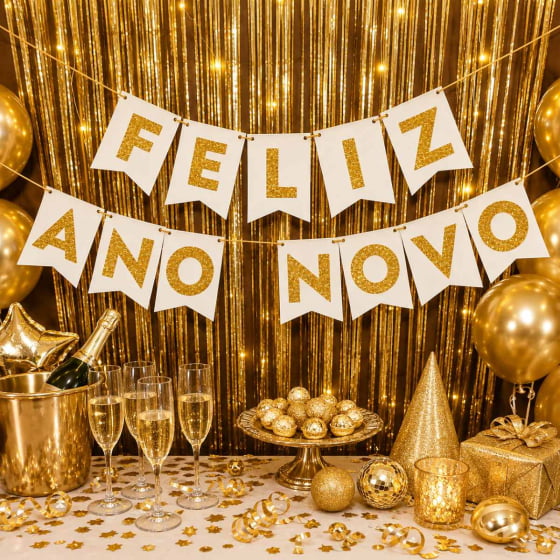 Enfeite Bandeirinha Frase Feliz Ano Novo Dourado