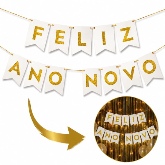 Enfeite Bandeirinha Frase Feliz Ano Novo Dourado
