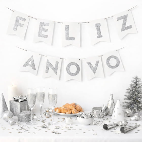 Enfeite Bandeirinha Frase Feliz Ano Novo Prata
