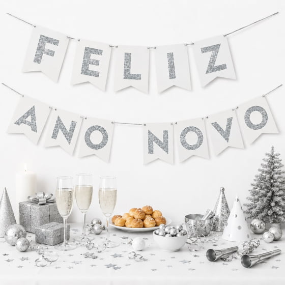 Enfeite Bandeirinha Frase Feliz Ano Novo Prata
