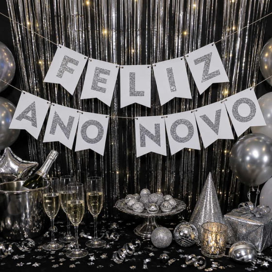 Enfeite Bandeirinha Frase Feliz Ano Novo Prata