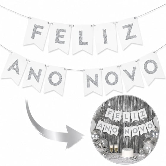 Enfeite Bandeirinha Frase Feliz Ano Novo Prata