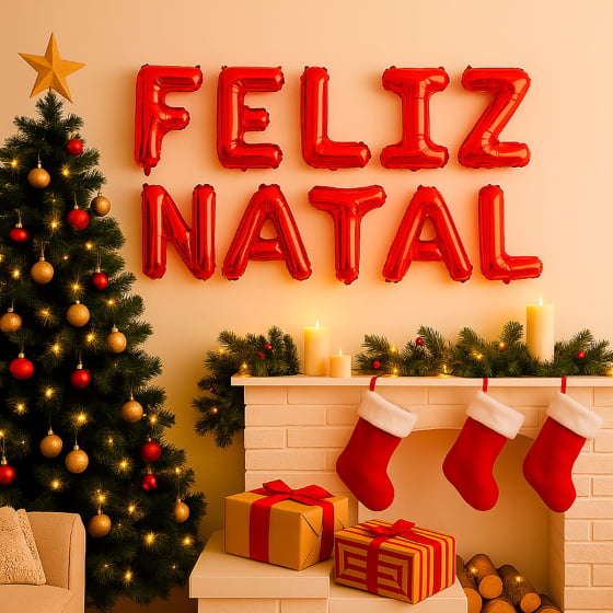Kit Balão Metalizado Escrita Feliz Natal Vermelho