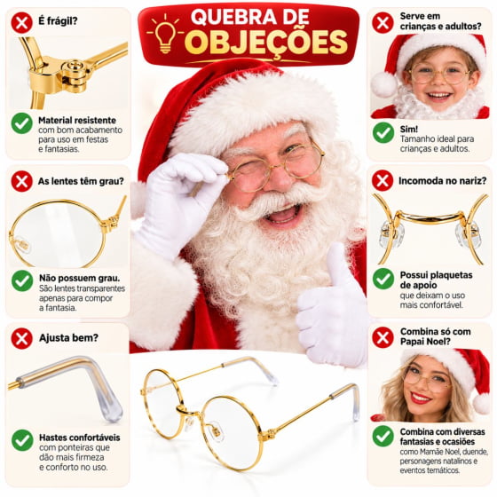Óculos Papai Noel Redondo Metal Dourado