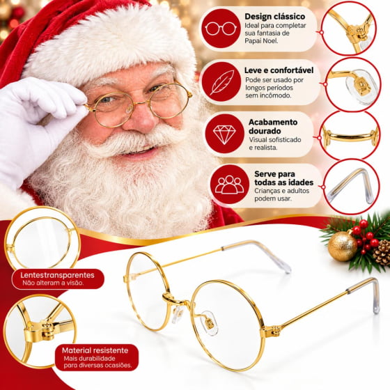 Óculos Papai Noel Redondo Metal Dourado