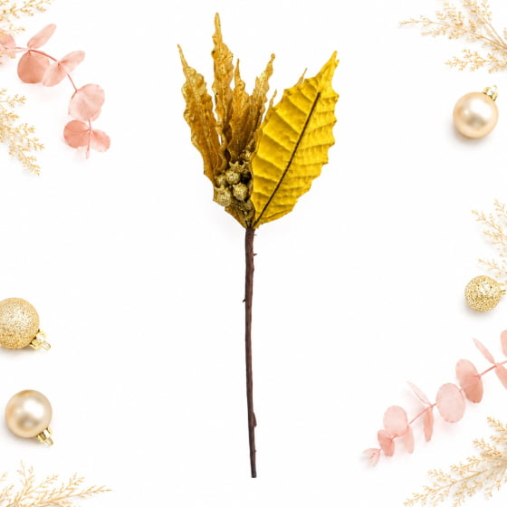 Pick Decorativo Poinsettia com Glitter Dourado Ouro