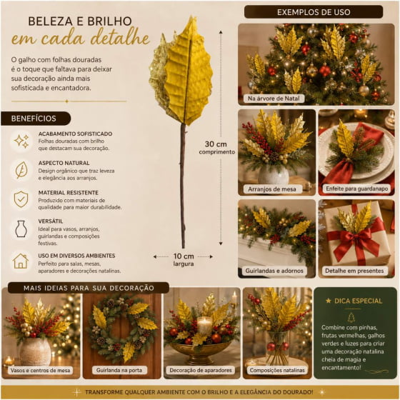 Pick Decorativo Poinsettia com Glitter Dourado Ouro