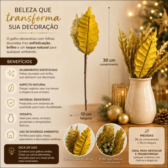 Pick Decorativo Poinsettia com Glitter Dourado Ouro