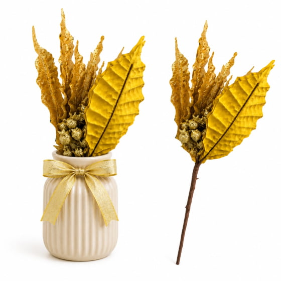Pick Decorativo Poinsettia com Glitter Dourado Ouro