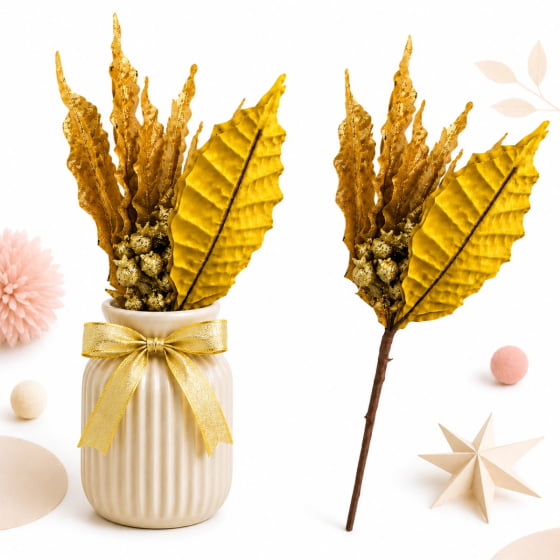 Pick Decorativo Poinsettia com Glitter Dourado Ouro