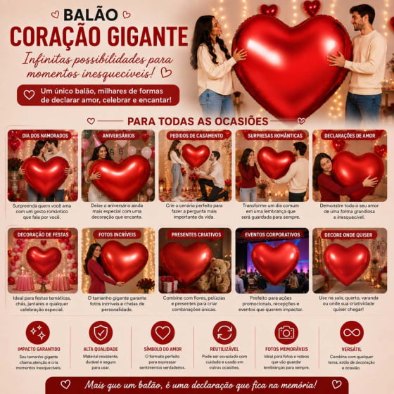 Balão Metalizado Coração Gigante 160 cm Dia dos Namorados