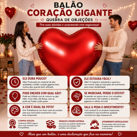 Balão Metalizado Coração Gigante 160 cm Dia dos Namorados