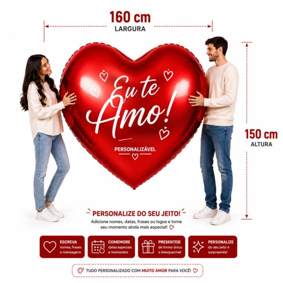 Balão Metalizado Coração Gigante 160 cm Dia dos Namorados