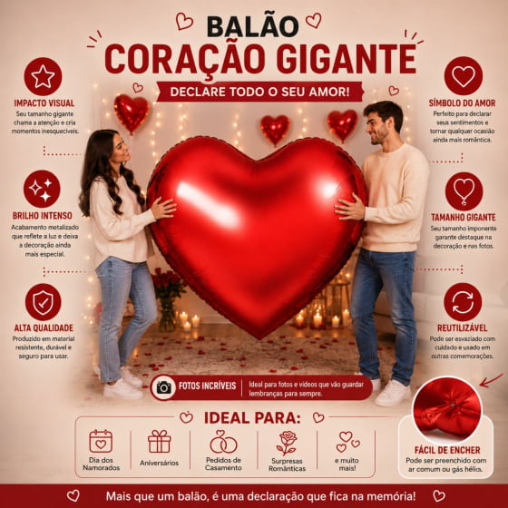 Balão Metalizado Coração Gigante 160 cm Dia dos Namorados