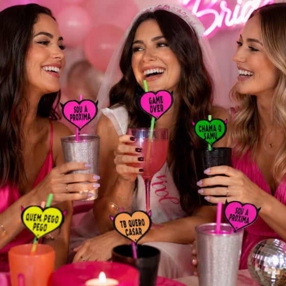 Canudo Coração Neon Despedida de Solteira - 10 unidades
