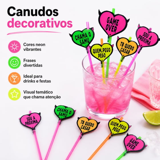 Canudo Coração Neon Despedida de Solteira - 10 unidades