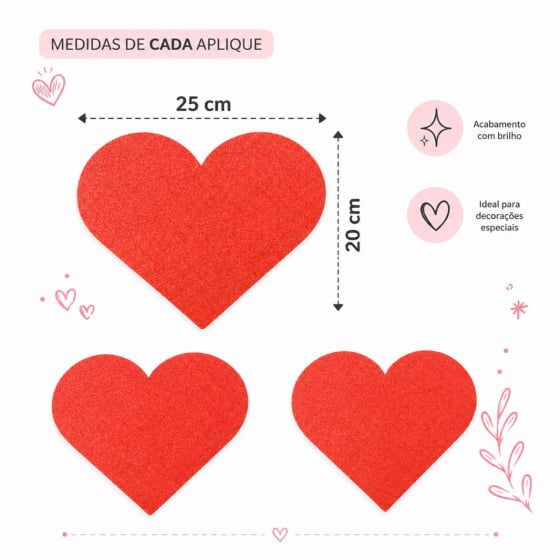Aplique Coração EVA Glitter 25x20 cm 3 Unidades