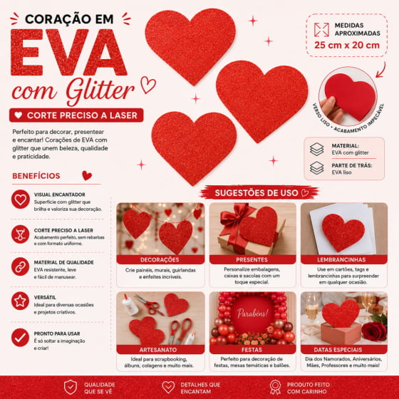 Aplique Coração EVA Glitter 25x20 cm - 3 unidades