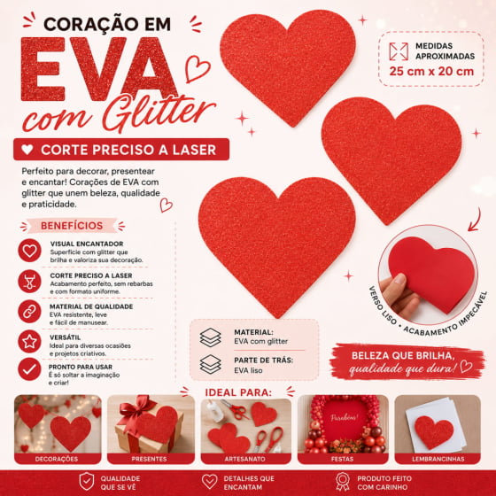 Aplique Coração EVA Glitter 25x20 cm 3 Unidades