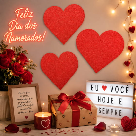 Aplique Coração EVA Glitter 25x20 cm - 3 unidades