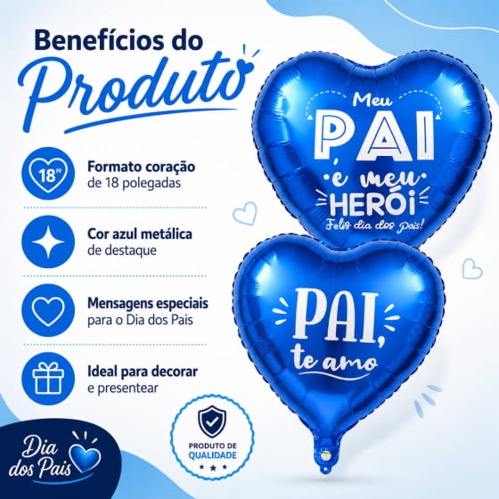 Balão Metalizado Coração Dia dos Pais 18" polegadas