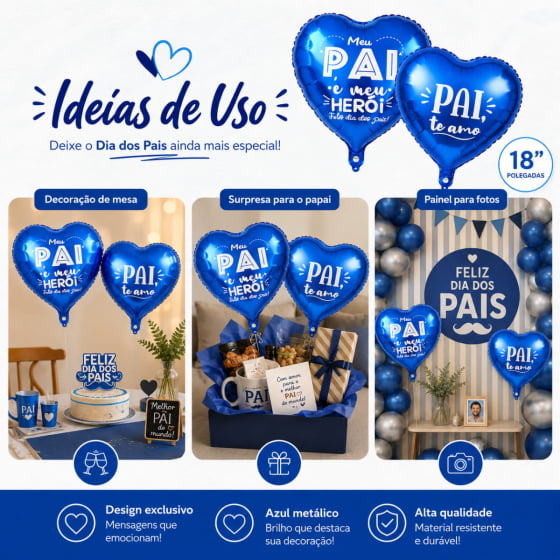 Balão Metalizado Coração Dia dos Pais 18" polegadas