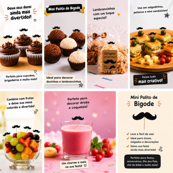 Palito Decorativo Bigodes Glitter - 10 unidades