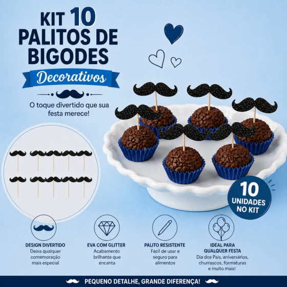 Palito Decorativo Bigodes Glitter - 10 unidades