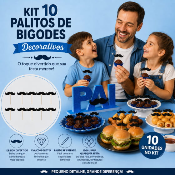 Palito Decorativo Bigodes Glitter - 10 unidades