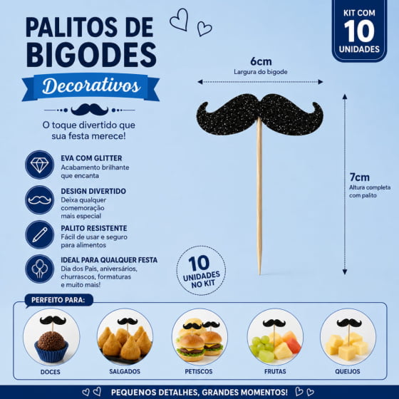 Palito Decorativo Bigodes Glitter - 10 unidades