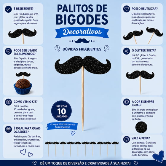 Palito Decorativo Bigodes Glitter - 10 unidades