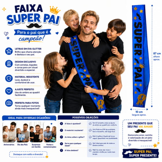Faixa Dia dos Pais Escrita Super Pai TNT e EVA Glitter Faixa Dia dos Pais Escrita Super Pai TNT e EVA Glitter