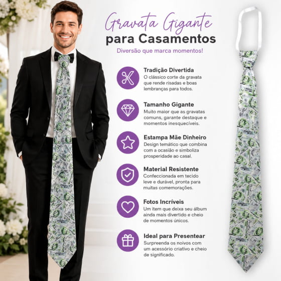 Gravatão Casamento Hora da Gravata Estampa Dollar
