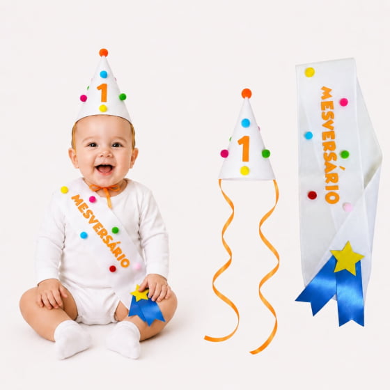 Kit Mesversário de 1 a 11 meses (Chapéu + Faixa) Escolha o Mês