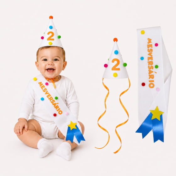 Kit Mesversário de 1 a 11 meses (Chapéu + Faixa) Escolha o Mês