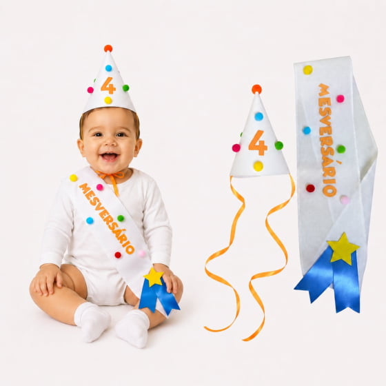 Kit Mesversário de 1 a 11 meses (Chapéu + Faixa) Escolha o Mês