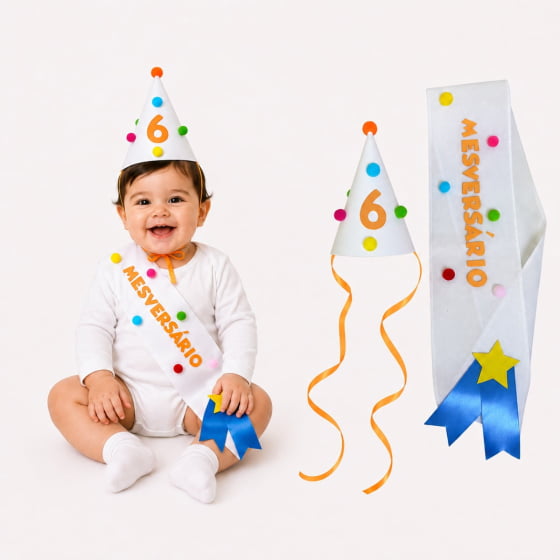 Kit Mesversário de 1 a 11 meses (Chapéu + Faixa) Escolha o Mês