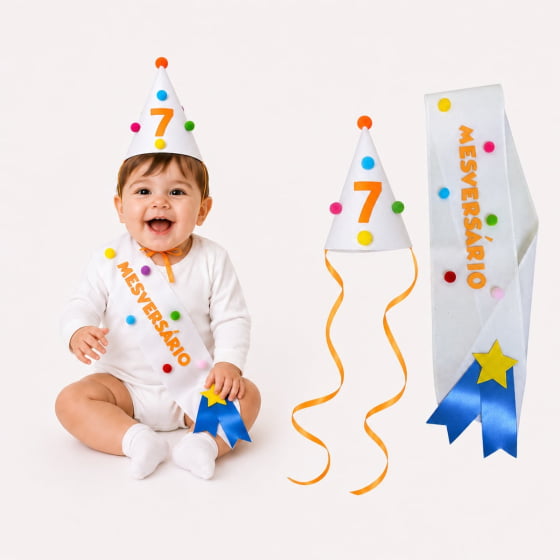 Kit Mesversário de 1 a 11 meses (Chapéu + Faixa) Escolha o Mês
