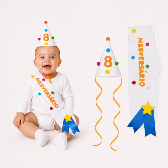 Kit Mesversário de 1 a 11 meses (Chapéu + Faixa) Escolha o Mês