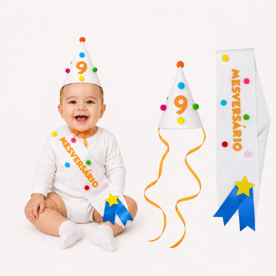 Kit Mesversário de 1 a 11 meses (Chapéu + Faixa) Escolha o Mês